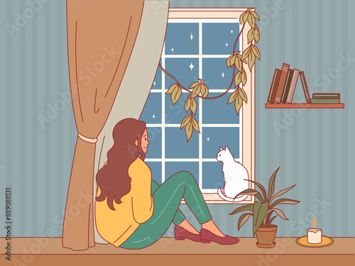 Girl on windowsill with cat. Lazy weekend woman, relaxing in cozy room interior, female person looks at stars in night sky, owner with kitten, pet at home, cartoon flat isolated vector concept