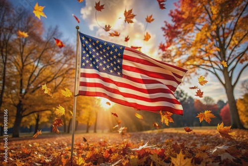 A serene Patriot Day memorial scene features a somber tribute against a majestic backdrop of a waving American flag and gently fluttering autumn leaves.