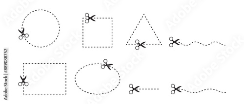 Set of scissors icons with dotted lines path. Barber haircut scissor sign for UI designs. Cut here pictogram for coupons, paper discount coupons, vouchers, promo codes.