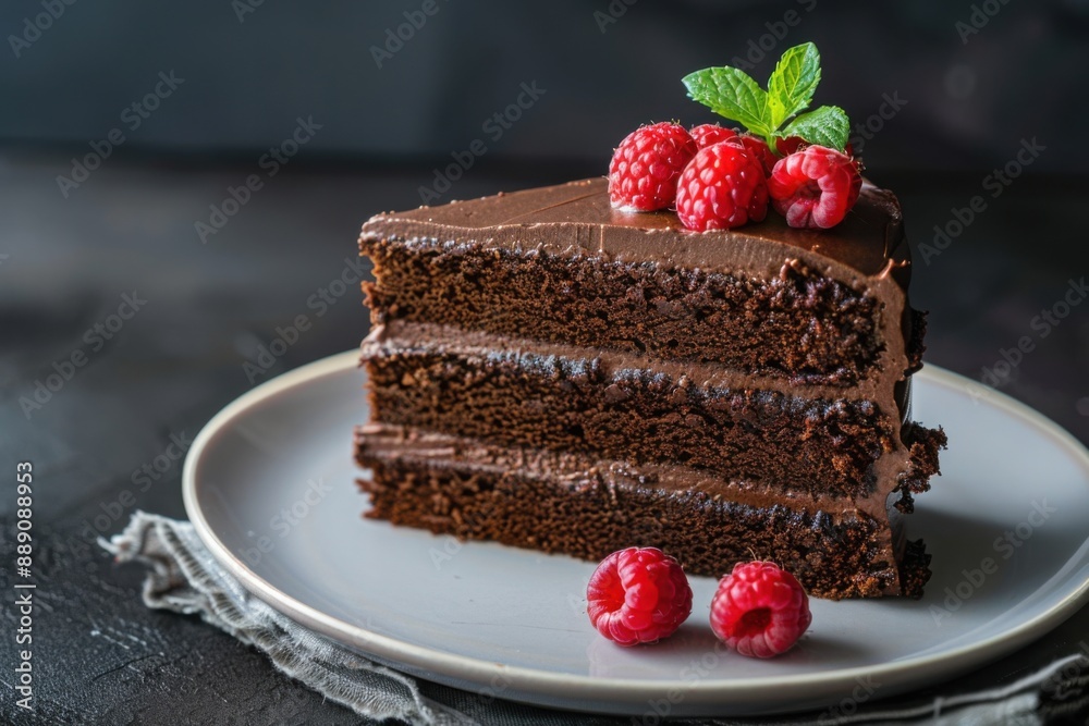 Chocolate Cake Slice with Raspberries and Mint
Chocolate Cake Slice with Raspberries and Mint
