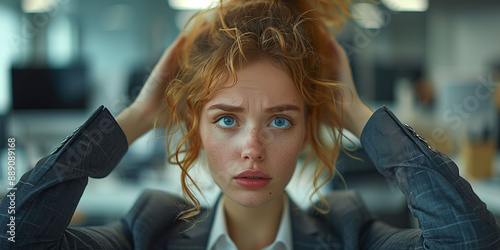 Frustrated a woman in a business suit pulling her hair in a bustling office, high qualit photo