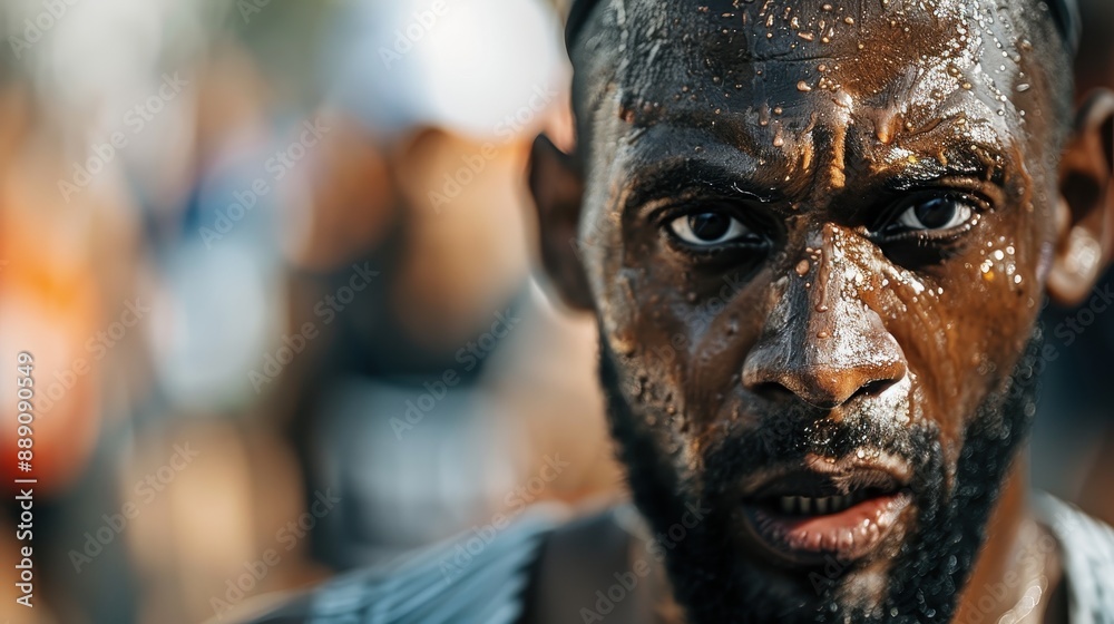 Intense close-up of a sweating runner, capturing the sheer determination and effort exerted in an athletic performance, highlighting the raw emotion and strength of endurance sports. Intense close-up of a sweating runner, capturing the sheer determination and effort exerted in an athletic performance, highlighting the raw emotion and strength of endurance sports.