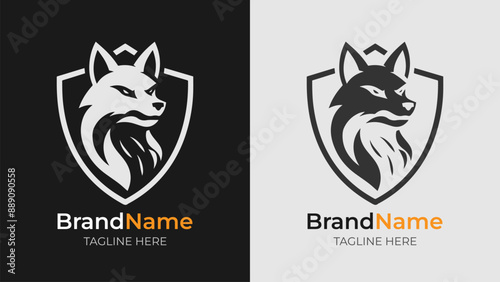Black and white logo with an angry fox head backed by a shield