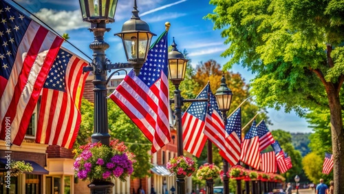Fototapeta Naklejka Na Ścianę i Meble -  Colorful united states flags and vibrant decorations adorn lamp posts along a quaint main street, exuding patriotism and festive charm on a sunny day.