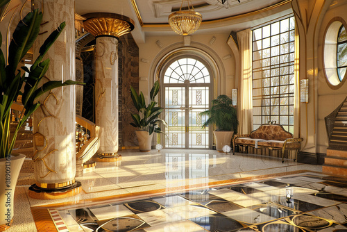 Art deco lobby, hotel loby, house enterance, luxury interior