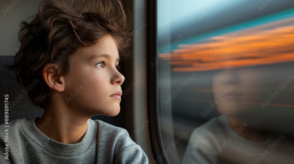 Thoughtful Young Boy Looking Out of Train Window Capturing Travel, Reflection, and Childhood Wonder Thoughtful Young Boy Looking Out of Train Window Capturing Travel, Reflection, and Childhood Wonder
