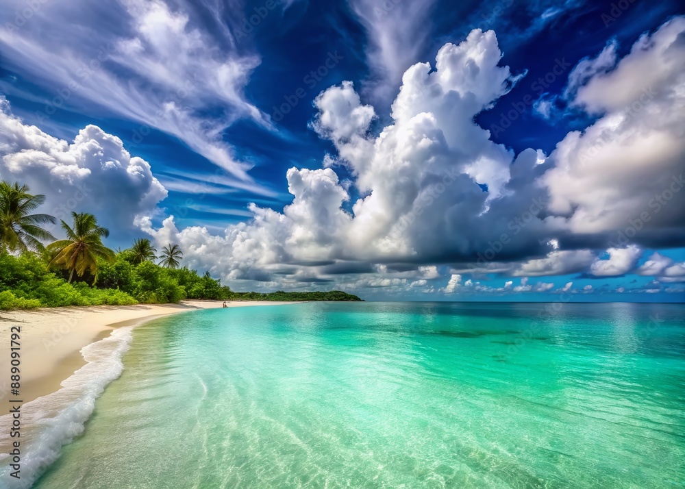 Fototapeta premium Serene tropical beach panorama with soft sandy shore, crystal clear turquoise water, and majestic cloudy sky, perfect for summer vacation and relaxation getaway.
