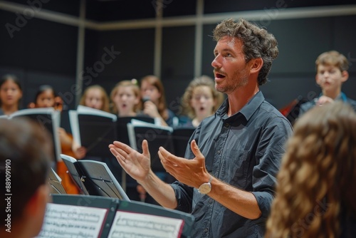 A music teacher conducting a choir rehearsal. The teacher is standing in front of a group of students, directing them with hand movements while they sing from sheet music. The room has musical