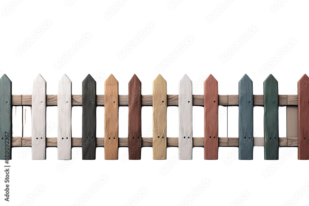 Colorful wooden fence with different shades of paint, isolated on white background. Represents diversity, design, and rustic style. Colorful wooden fence with different shades of paint, isolated on white background. Represents diversity, design, and rustic style.