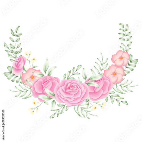 Watercolor Curved Pink Flower Bouquet Arrangement