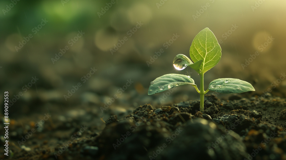 A green seedling with 2 leaves growing from the soil, a droplet of water hanging from the tip of a leaf A green seedling with 2 leaves growing from the soil, a droplet of water hanging from the tip of a leaf