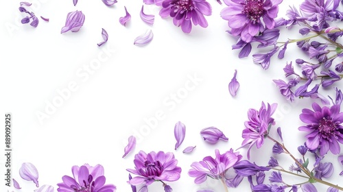 Purple flower frame on white background top view