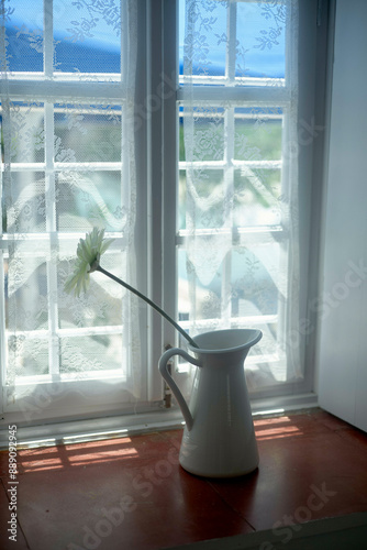 Sunlight pours through a window adorned with blue lace curtains, casting a warm glow over a white ceramic pitcher with a single white flower on a wooden windowsill. photo