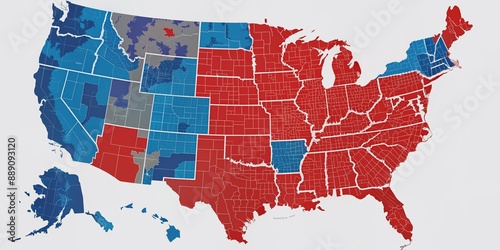 Colorful electoral map of the United States displays voting results with red and blue states, highlighting battleground regions and party strongholds after election day. photo