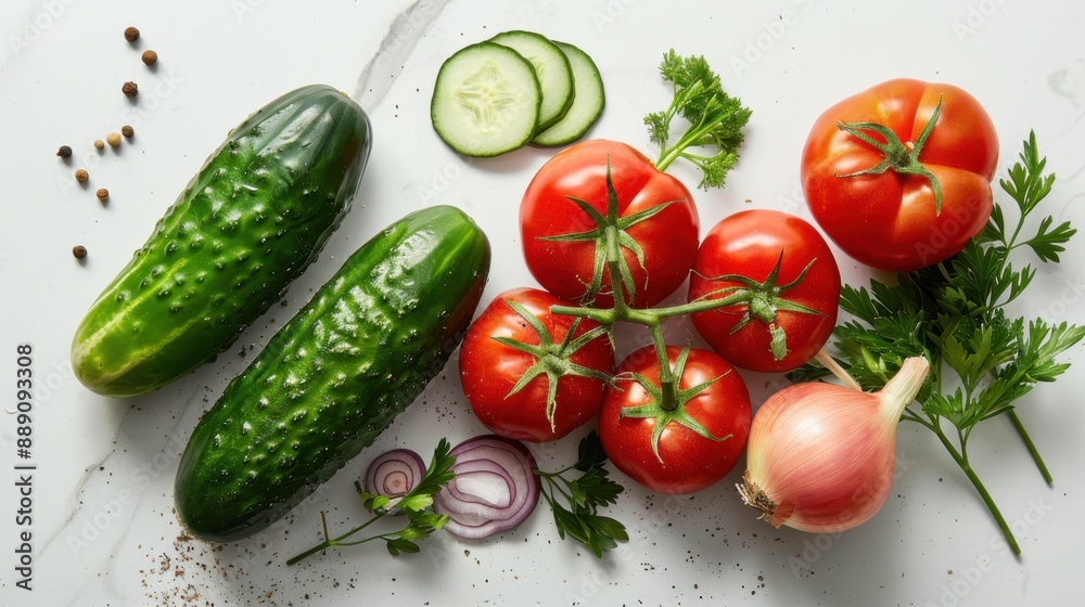 Fresh Salad Ingredients Flat Lay on White Marble Surface with Cucumbers, Tomatoes, and Onions