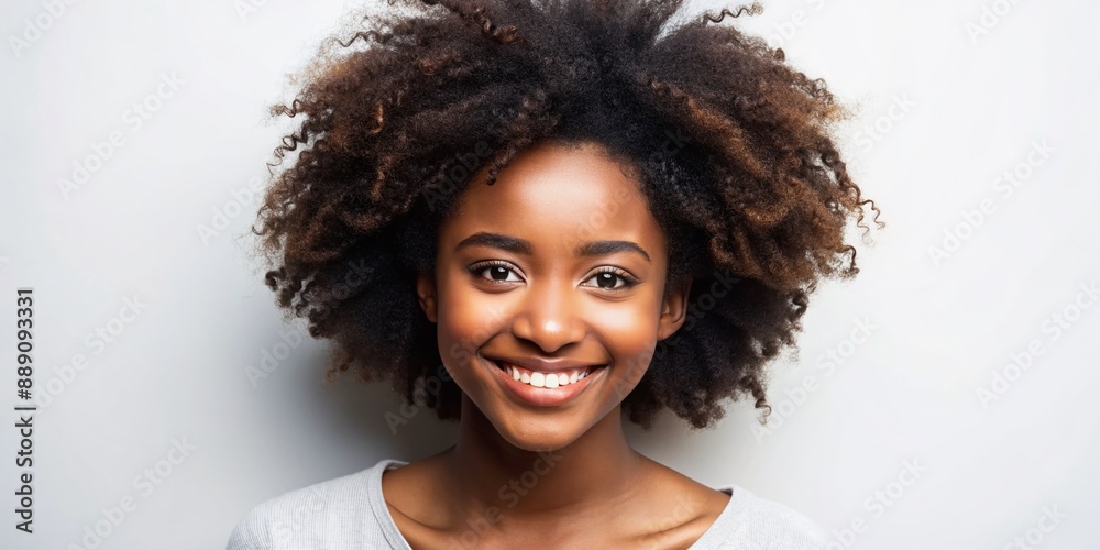 A young Black woman showcasing her natural beauty, her afro hair embracing its natural texture, as she poses with a radiant smile., realistic photos on a white background A young Black woman showcasing her natural beauty, her afro hair embracing its natural texture, as she poses with a radiant smile., realistic photos on a white background