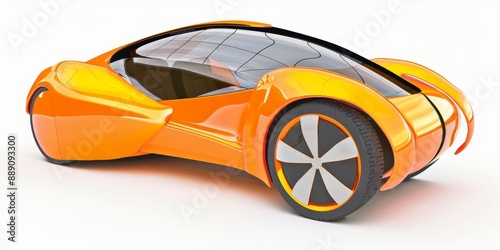 Eco-friendly car model on solar panels with wind turbines in the background, showcasing renewable energy and green technology for a sustainable future