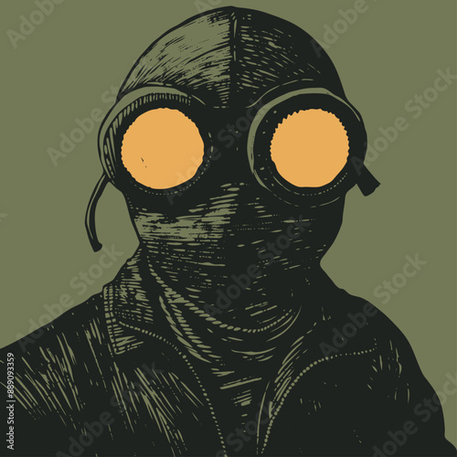 Mysterious figure in balaclava and with glowing glasses, vector illustration.