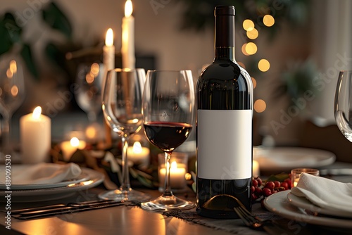 Mockup of a blank label on a glass wine bottle in a luxury dining setting with elegant tableware and candles