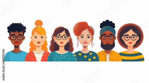 Wallpaper Mural Illustration of diverse cartoon characters showcasing different styles, ages, and ethnicities in a lineup. Ideal for diversity and inclusion themes. Torontodigital.ca