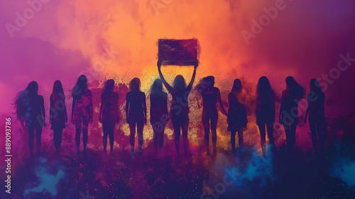 Silhouetted women stand together against a vibrant backdrop, holding up a symbol of unity.