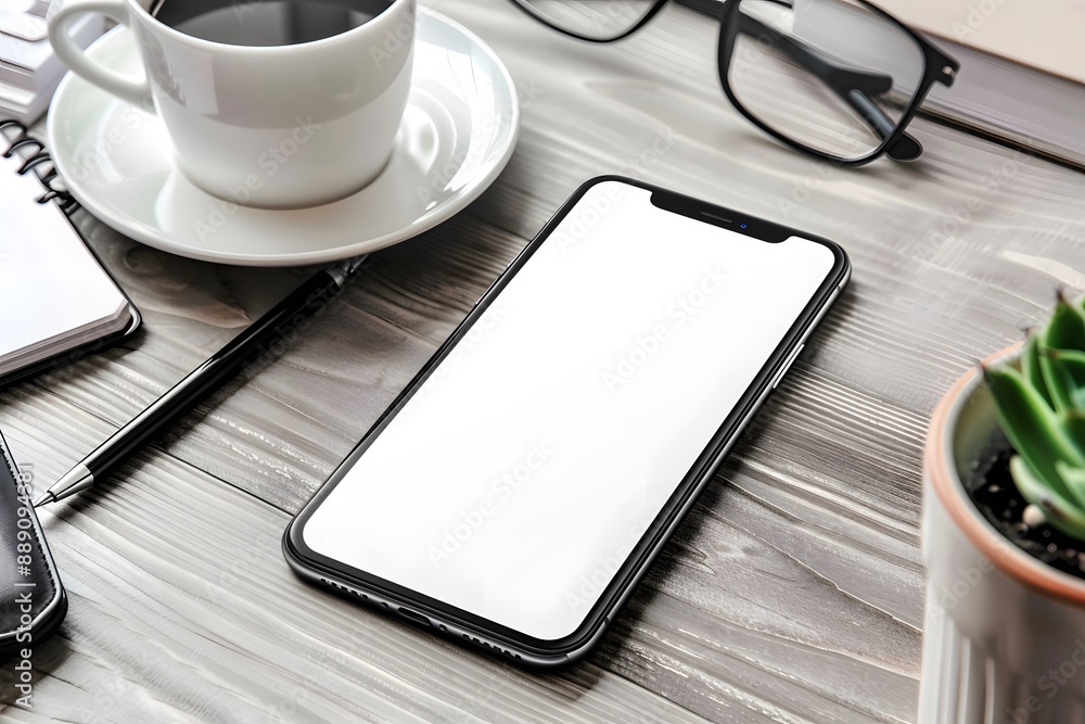Mockup of a sleek smartphone with a blank screen on a modern office desk with stylish stationery and a cup of coffee Mockup of a sleek smartphone with a blank screen on a modern office desk with stylish stationery and a cup of coffee