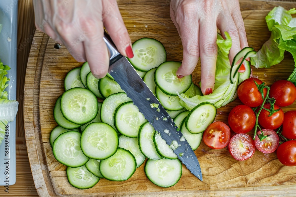 slicing a green salad in close-up. women's hands cut vegetables with a knife. preparation of Greek salad. Beautiful simple AI generated image in 4K, unique. slicing a green salad in close-up. women's hands cut vegetables with a knife. preparation of Greek salad. Beautiful simple AI generated image in 4K, unique.