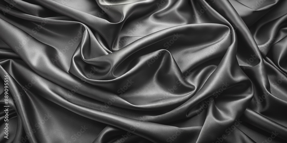 Fototapeta premium Luxurious black silk satin fabric textured backdrop with subtle sheen, smooth folds, and rich dark tones, perfect for showcasing luxury products or aesthetic compositions.