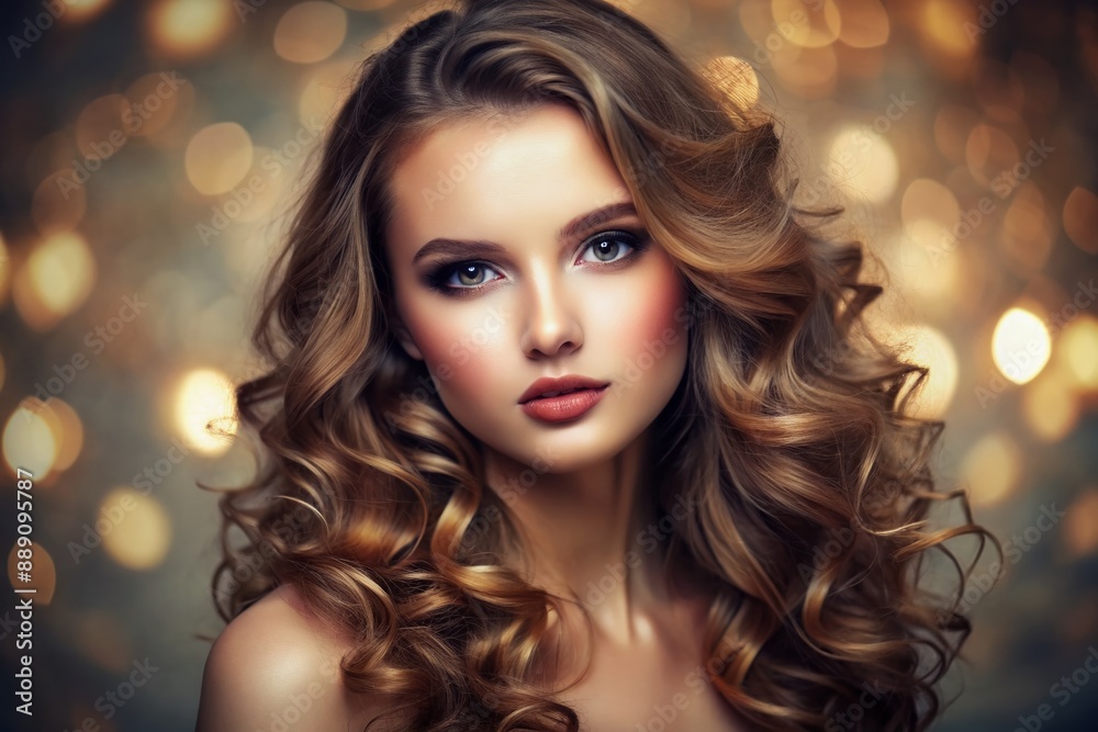 Softly lit, elegant background complements the stunning portrait of a youthful woman with luscious wavy hair and subtle, natural makeup, exuding effortless beauty. Softly lit, elegant background complements the stunning portrait of a youthful woman with luscious wavy hair and subtle, natural makeup, exuding effortless beauty.
