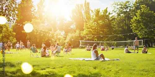 People playing volleyball in the park at sunset, capturing the energy and enjoyment of an outdoor summer activity during the golden hour photo