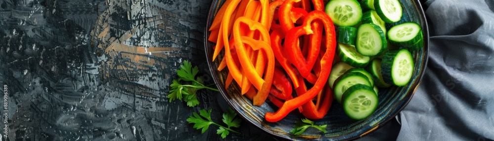Vibrant Vegetable Platter - Fresh Carrots, Bell Peppers, and Cucumbers on Rustic Table Flat Lay