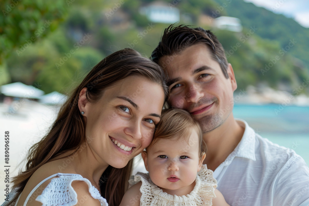 Happy full young family members with kids resting by the beach summer vacation time, Generative AI Happy full young family members with kids resting by the beach summer vacation time, Generative AI