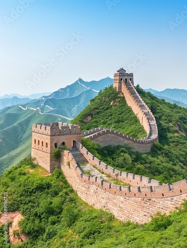 Great Wall of China stretching across the mountains under a clear blue sky, Great Wall of China, historic sites