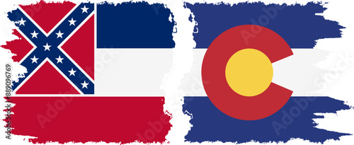 Colorado and Mississippi states grunge brush flags connection, vector