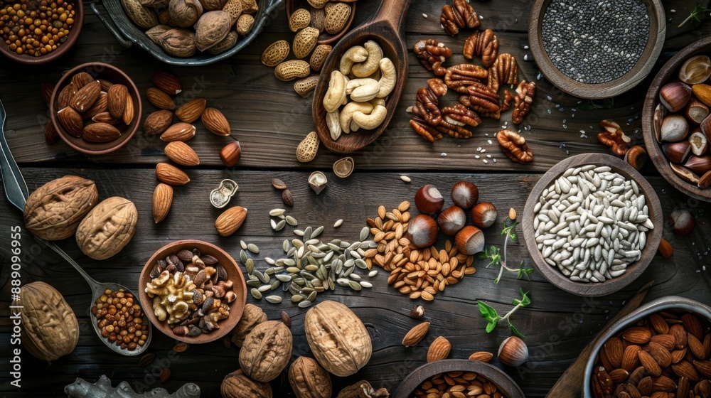 Nutritious Whole Foods Flat Lay with Assorted Nuts, Seeds, and Grains on Wooden Table Nutritious Whole Foods Flat Lay with Assorted Nuts, Seeds, and Grains on Wooden Table