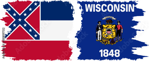 Wisconsin and Mississippi states grunge brush flags connection, vector