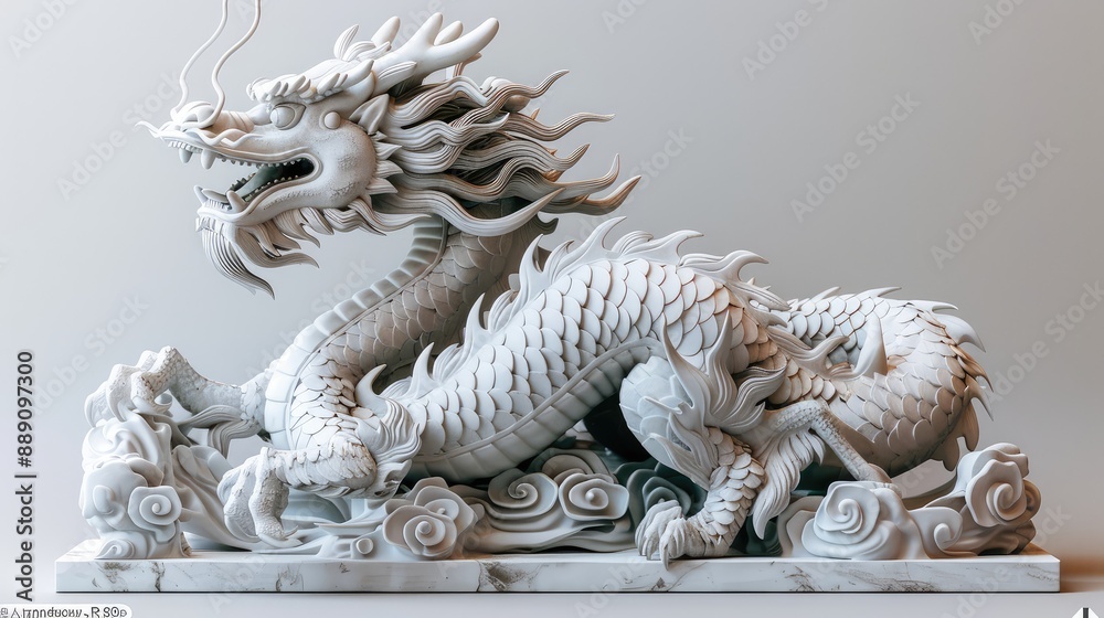 Ornate and intricate ivory sculpture of a mythical Chinese dragon with flowing mane and scales Ornate and intricate ivory sculpture of a mythical Chinese dragon with flowing mane and scales