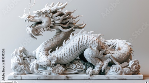 Ornate and intricate ivory sculpture of a mythical Chinese dragon with flowing mane and scales photo