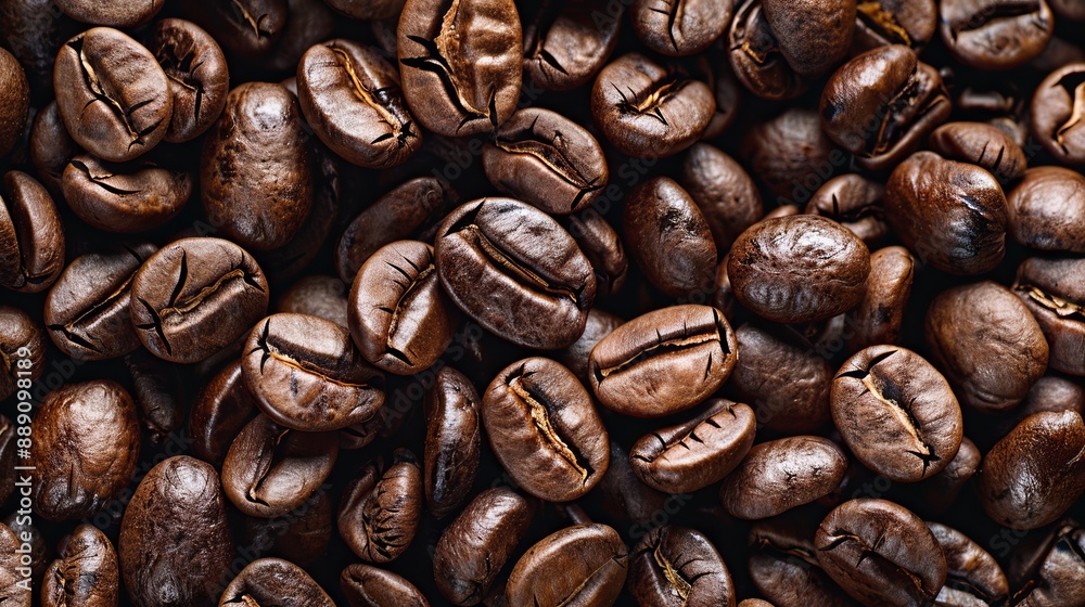 Close up of coffee bean background, top view. Photorealistic high resolution macro photography for advertising or food design. 