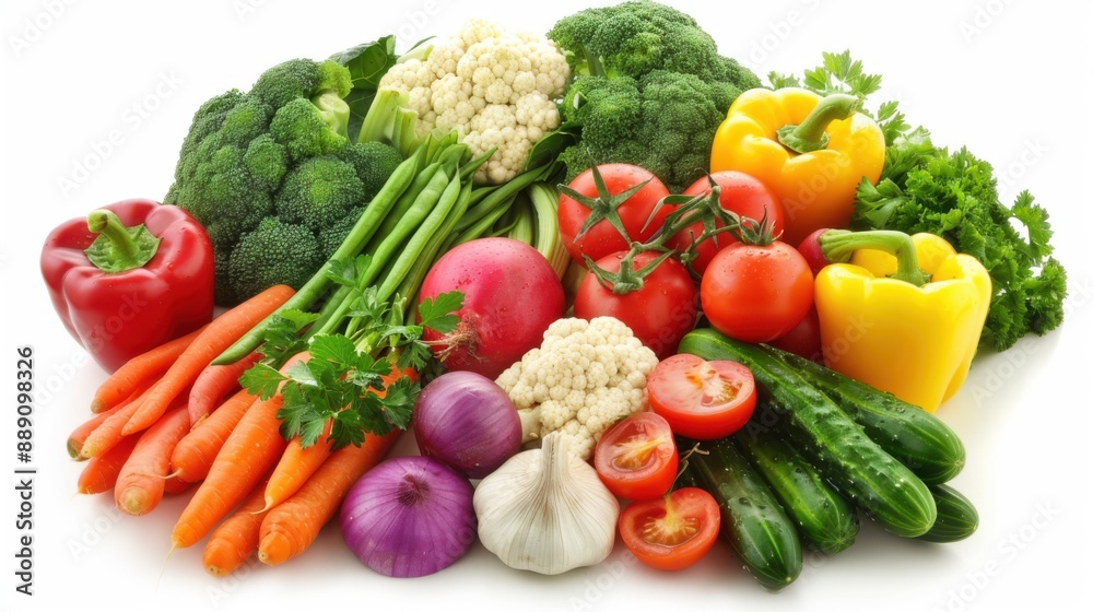 Vibrant Fresh Vegetable Platter Flat Lay on White Background Vibrant Fresh Vegetable Platter Flat Lay on White Background