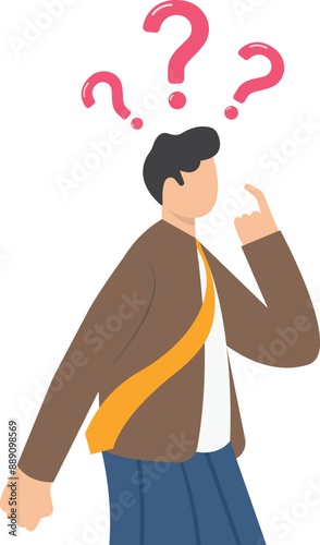 A young man who is wondering. Confused businessman. Choice, thinking, doubt, problem concept. Thinking girl with question mark. Question girl face. Business vector.

