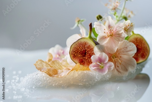 A close up of a white plate with a variety of fruits and flowers, including figs