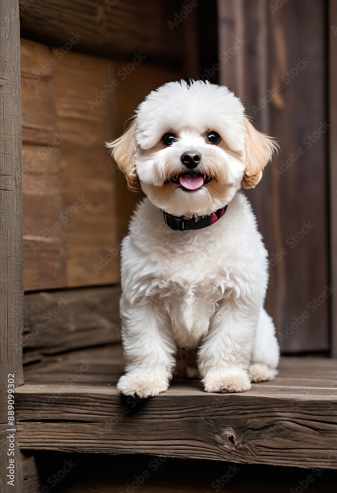 Maltipoo exploring a rustic wooden cabin in the woods Maltipoo exploring a rustic wooden cabin in the woods