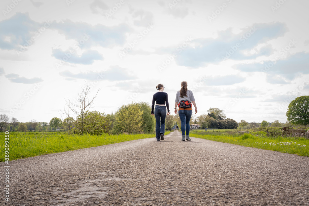 Two individuals walking down a rural road surrounded by green grass under a cloudy sky. Two individuals walking down a rural road surrounded by green grass under a cloudy sky.