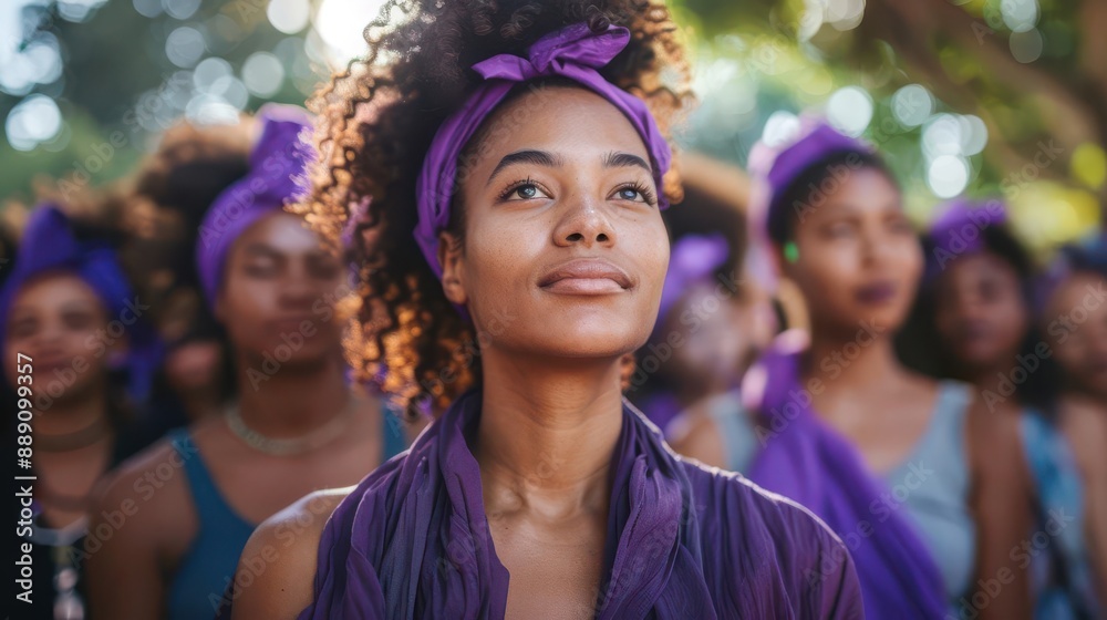 Group of women in purple headscarves gathered outdoors with trees in the background looking determined and confident Group of women in purple headscarves gathered outdoors with trees in the background looking determined and confident