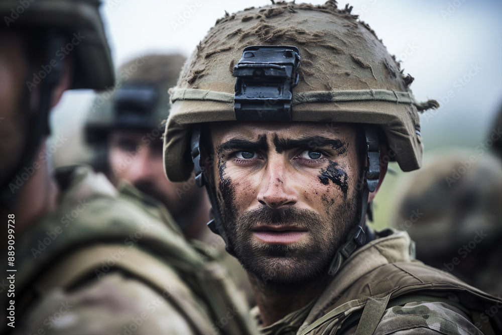 Generative AI illustration of soldier portrait in uniform and protective helmet Generative AI illustration of soldier portrait in uniform and protective helmet