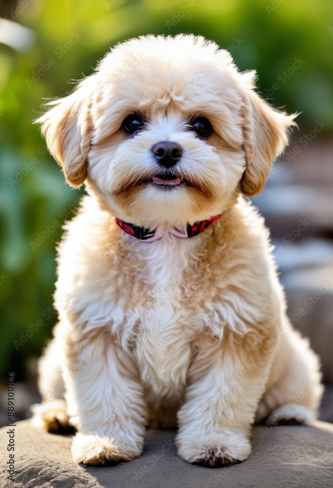 Maltipoo with a serene expression sitting in a peaceful Zen garden Maltipoo with a serene expression sitting in a peaceful Zen garden