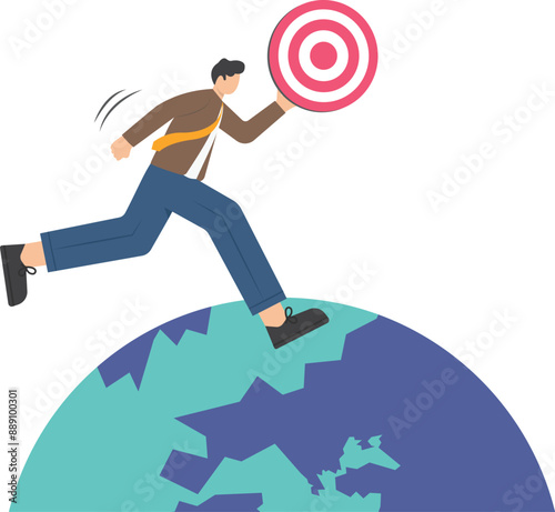 Young business person moving on earth planet. Businessman walking over the terrestrial globe. global business vision. future opportunity. Flat vector character illustration.
