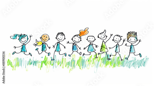 A playful drawing of stick figure children running and jumping in the grass, exuding joy and friendship.