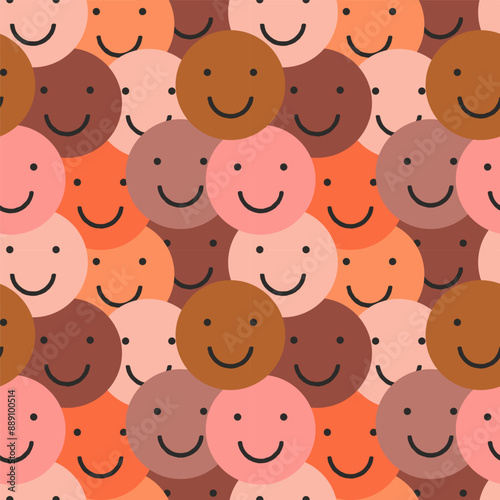 Diverse people crowd seamless pattern illustration. Multi ethnic cartoon character faces in funny children doodle style. Friendly community or diversity background concept.